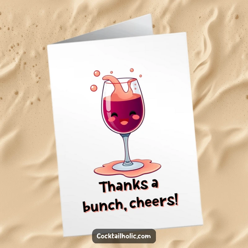 Funny Free Printable Thank You Card of a happy wine glass with bubbly overflow spilling its contents with glee, sending thanks.