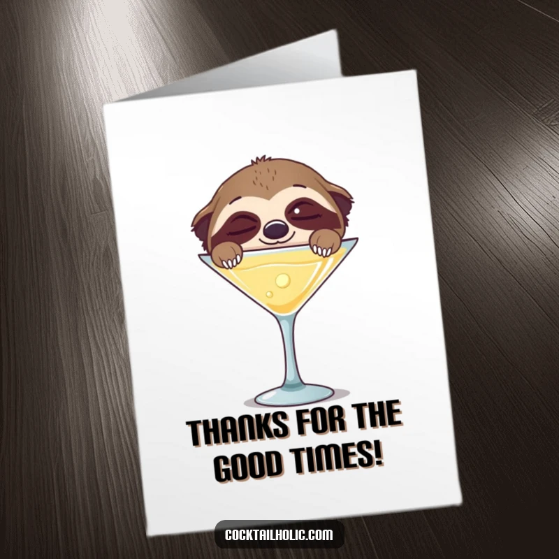 Funny Free Printable Thank You Card: A contented sloth with surprised happy eyes peeking over a large martini glass, giving thanks.