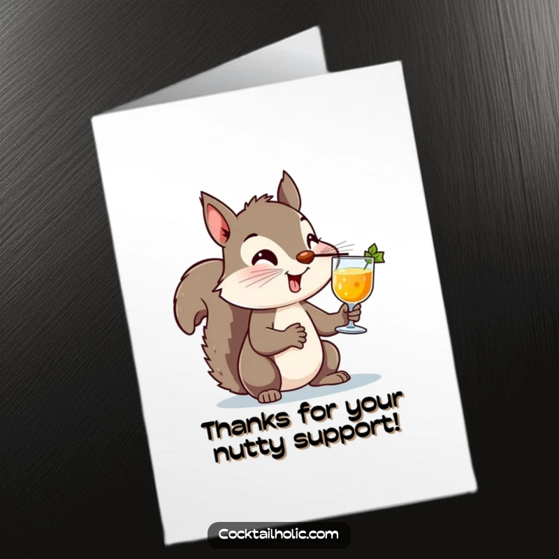 Funny Free Printable Thank You Card: A mischievous squirrel balancing a cocktail on its nose, looking proud and grateful for your kindness.