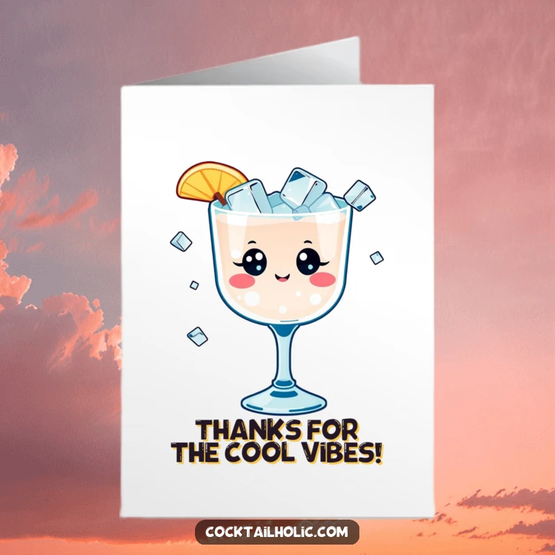 Funny Free Printable Thank You Card: Cute kawaii cocktail glass with happy eyes juggles little ice cubes, a sweet and funny thank you.