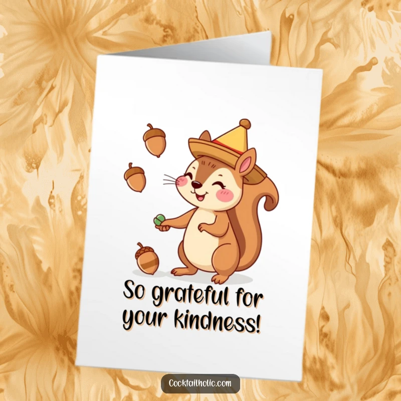 Funny Free Printable Squirrel Thank You Card: A squirrel in a sombrero juggles acorns, sending warm nutty thanks.