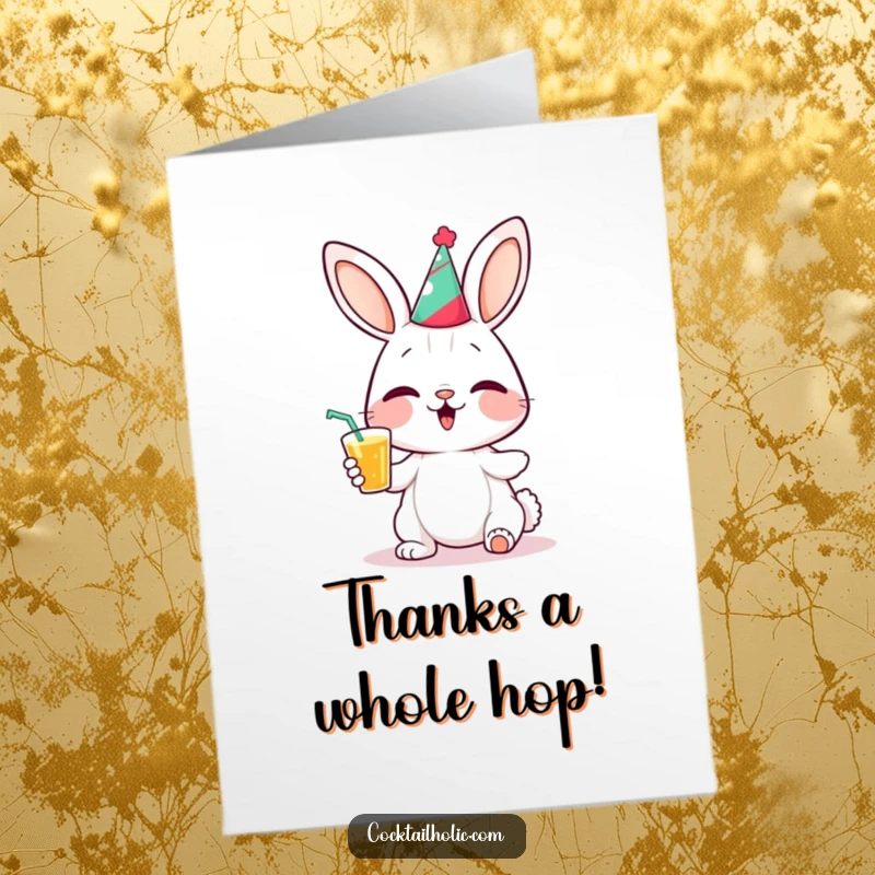 Funny free printable thank you card: a giggling bunny in a party hat holds a drink, sending thanks.