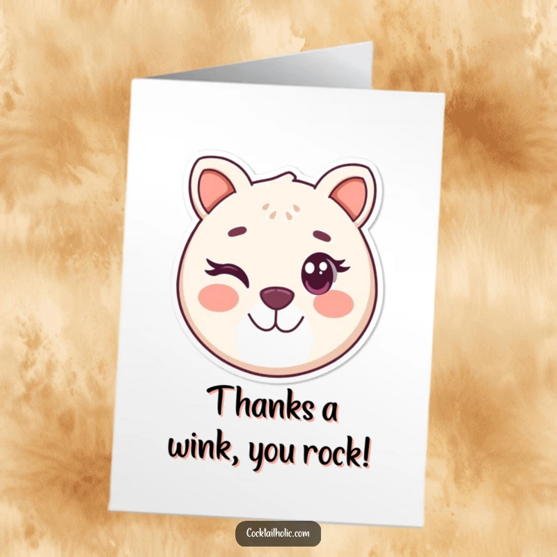 Funny Free Printable Thank You Card: Round, smiling animal face winks playfully, conveying thanks.