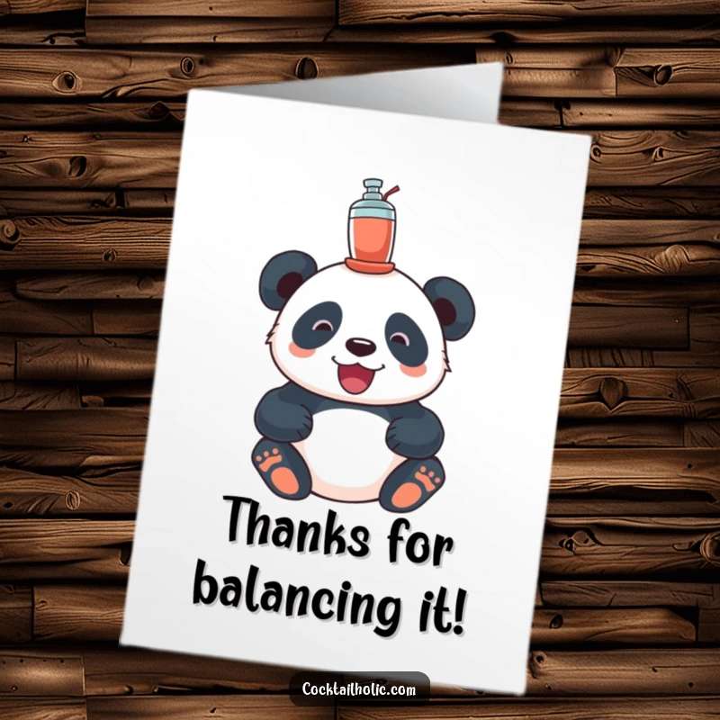 Funny Free Printable Thank You Card: A delighted panda balancing a small cocktail shaker on its head, conveying sincere thanks.