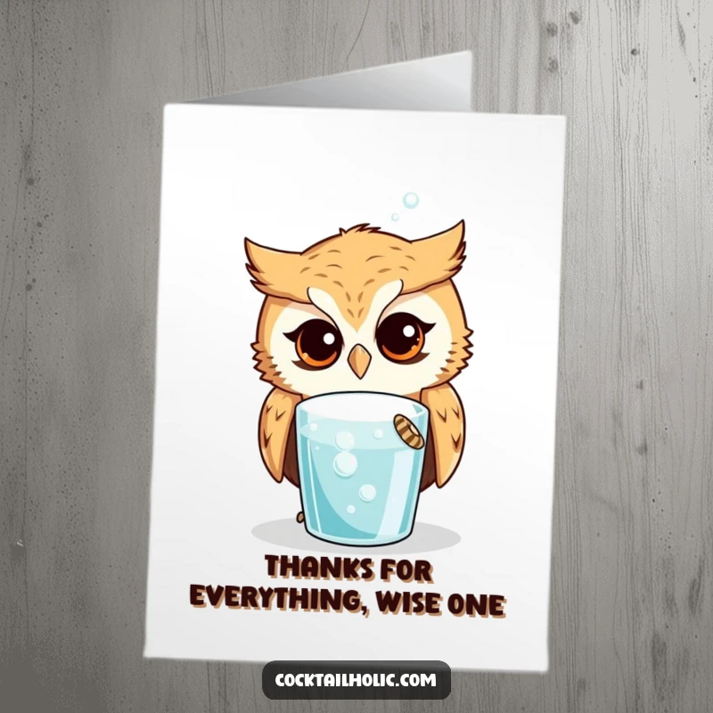 Funny Free Printable Thank You Card: Curious owl intently observing a bubbling drink, conveying heartfelt thanks.