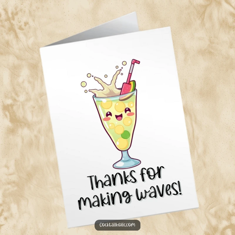 Funny free printable thank you card: a kawaii cocktail glass making a playful splash while mixing, expressing thanks.