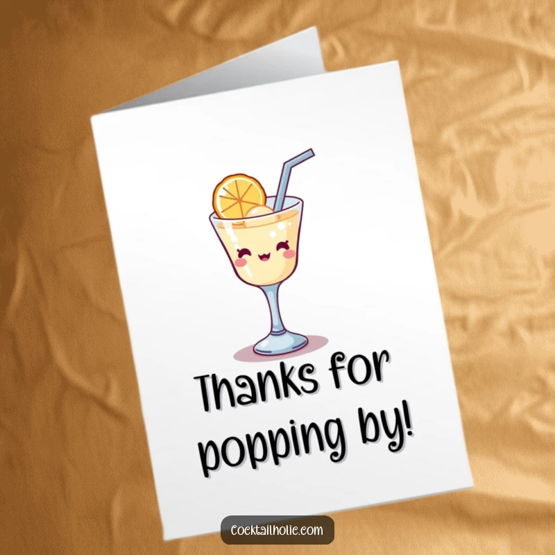 Funny free printable thank you card: a kawaii cocktail glass raising a straw in a toast, expressing thanks.