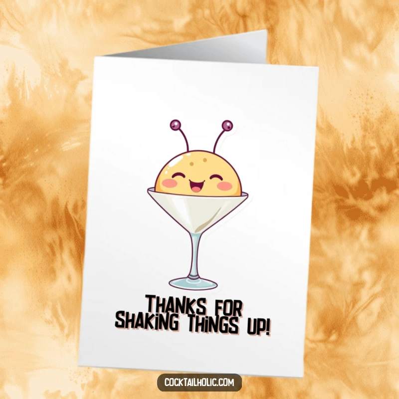 Funny Free Printable Thank You Card: Happy round creature with wiggling antennae in a martini glass, offering thanks.