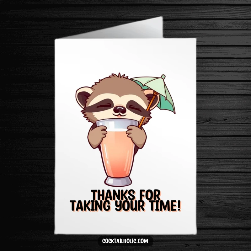 Funny Free Printable Thank You Card: A sleepy sloth holding a tiny umbrella wishes thanks from behind a cocktail shaker.
