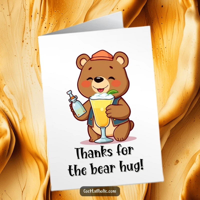Funny Free Printable Thank You Card: Bear bartender shaking a frothy cocktail, expressing thanks.
