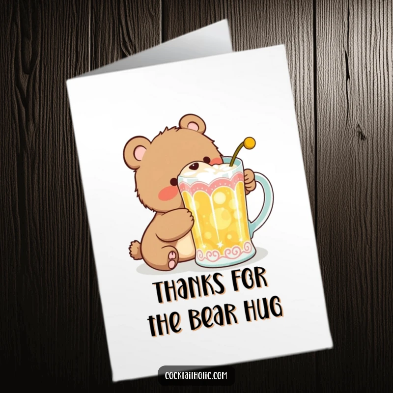 Funny Free Printable Thank You Card: A bear cub giggling while trying to sip from a cocktail mug.