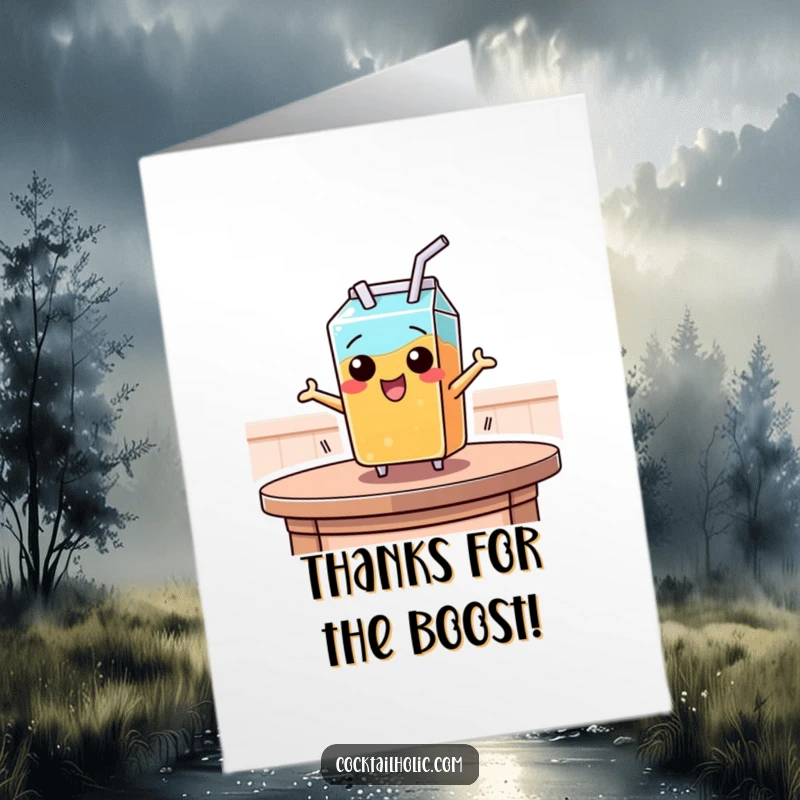 Funny Free Printable Thank You Card: A mischievous juice box with a straw leaping from a table, expressing thanks.