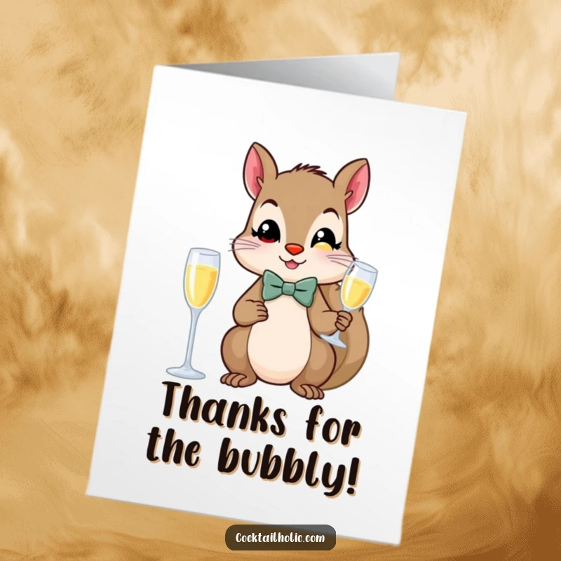 Funny Free Printable Thank You Card: Squirrel in bow tie holding champagne flute, expressing stylish gratitude.