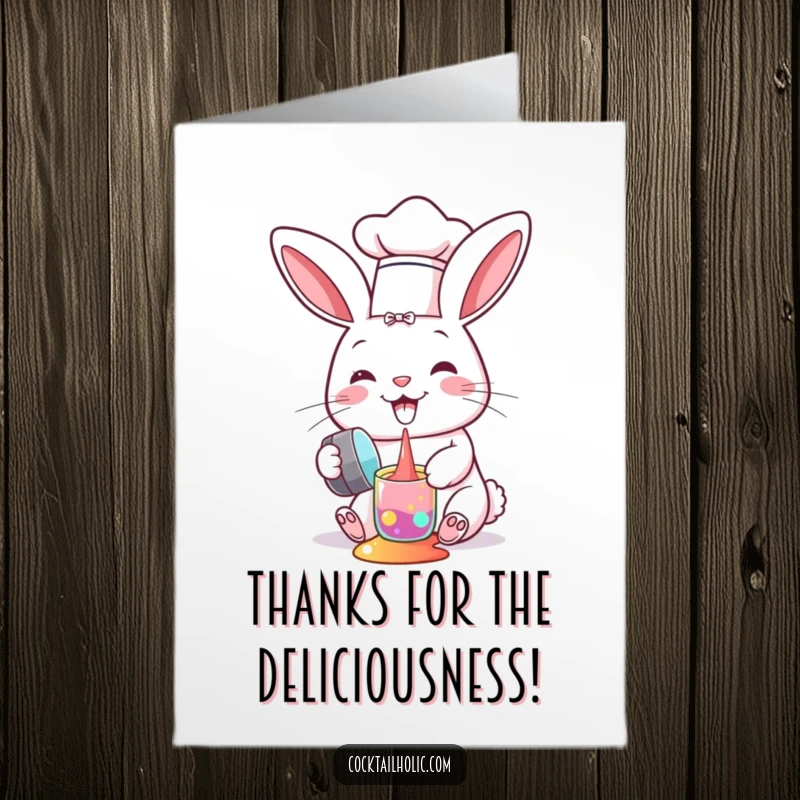 Funny Free Printable Thank You Card: A cute bunny chef wearing a miniature hat, comically spilling colorful liquid from a shaker.