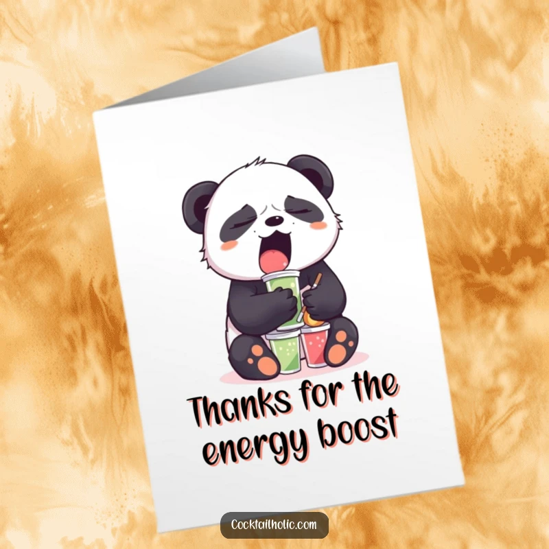 Funny Free Printable Thank You Card: A sleepy panda yawns while balancing mini drinks, offering a humorous and laid-back thank you.