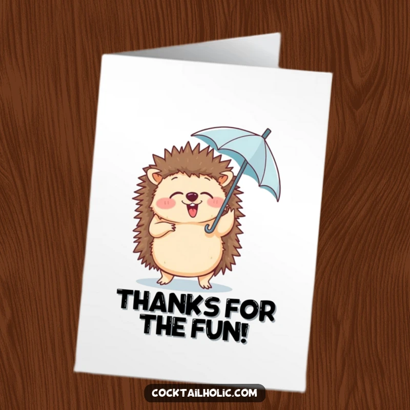 Funny Free Printable Thank You Card: A joyful hedgehog giggling while doing a funny dance, holding a tiny umbrella.