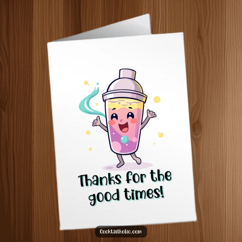 Funny Free Printable Thank You Card of a smiling cocktail shaker dancing with swirling liquid, conveying thanks with style.