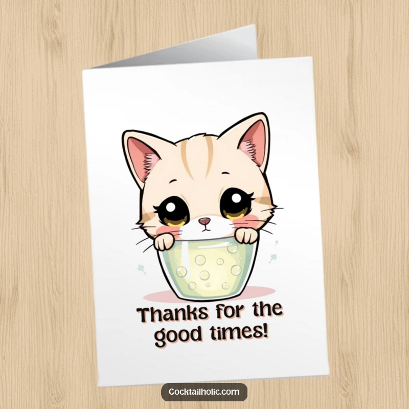 Funny Free Printable Thank You Card: A curious cat with wide eyes peeking into a fizzy, bubbling drink, expressing thanks.