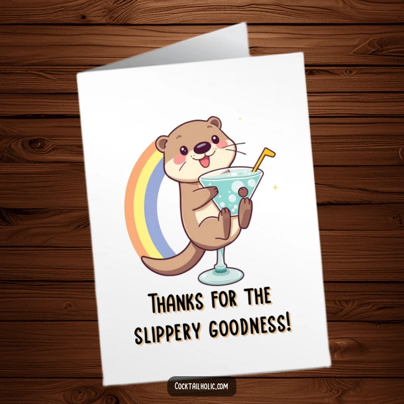 Funny Free Printable Thank You Card: Otter sliding down a rainbow into a drink, expressing thanks with playful energy.