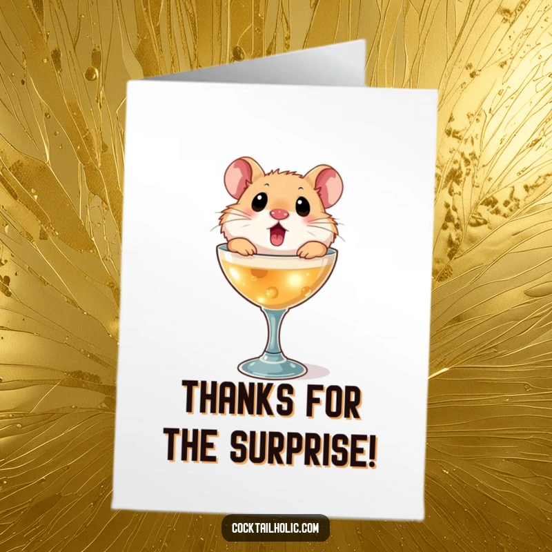 Funny Free Printable Thank You Card: A surprised hamster character bursting from a miniature cocktail glass, conveying heartfelt thanks.