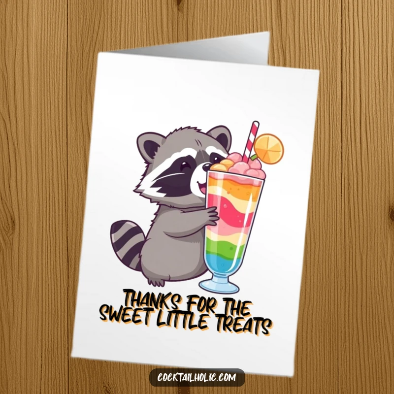 Funny Free Printable Thank You Card: A happy raccoon holding up a colorful drink in a gesture of thanks.