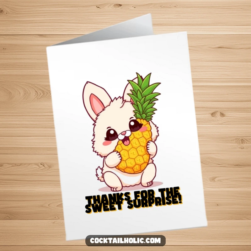 Funny Free Printable Thank You Card: Fluffy bunny with big, excited eyes holding a twirling pineapple to say thanks.