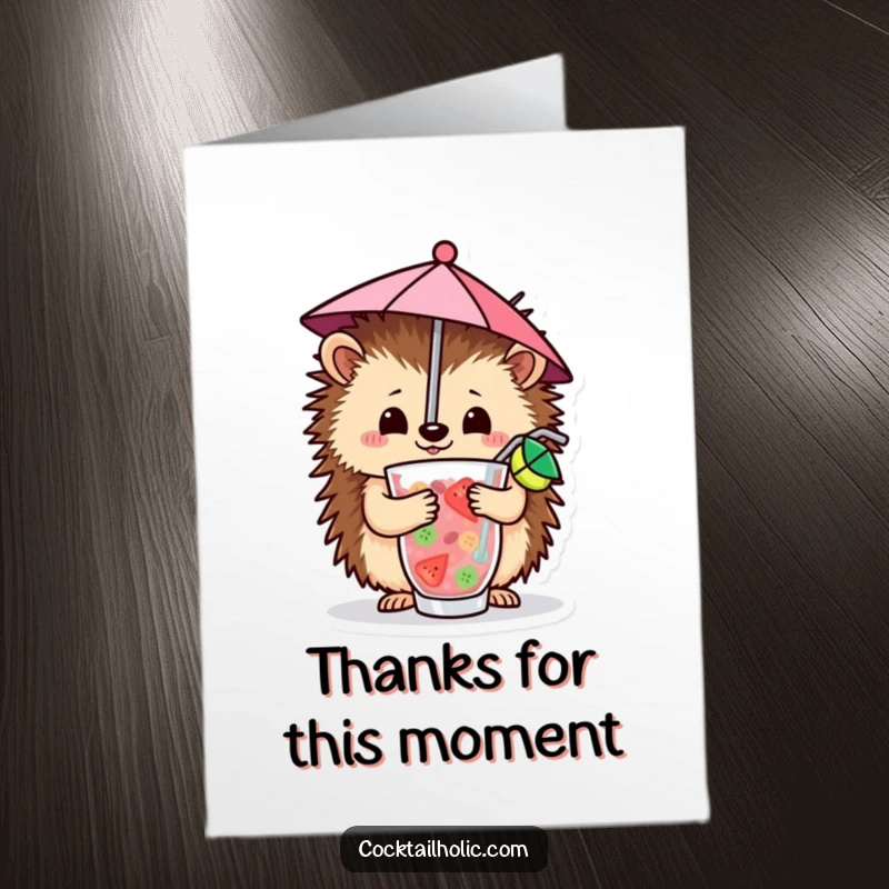 Funny Free Printable Thank You Card: A hedgehog with a tiny umbrella in a drink saying thank you.