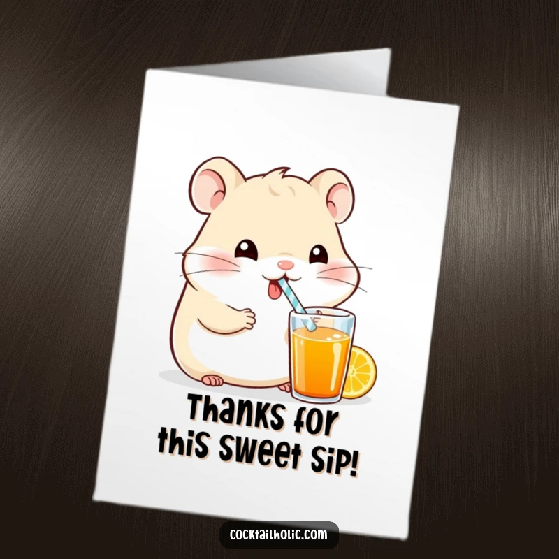 Funny Free Printable Thank You Card: A contented hamster enjoys a drink, perfect for showing thanks with a smile.