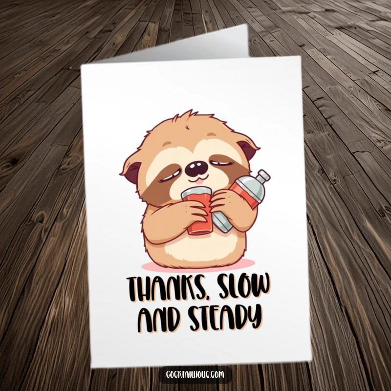 Funny Free Printable Thank You Card: A cute, sleepy sloth propped up by a stuffed cocktail shaker.