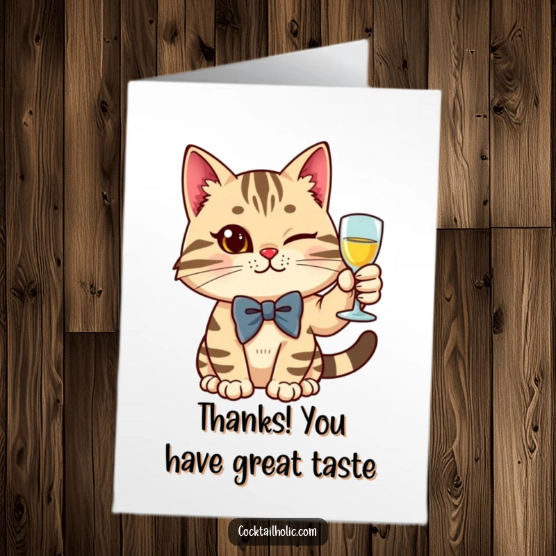 Funny Free Printable Thank You Card: A stylish cat in a bow tie raises a glass with a knowing wink.