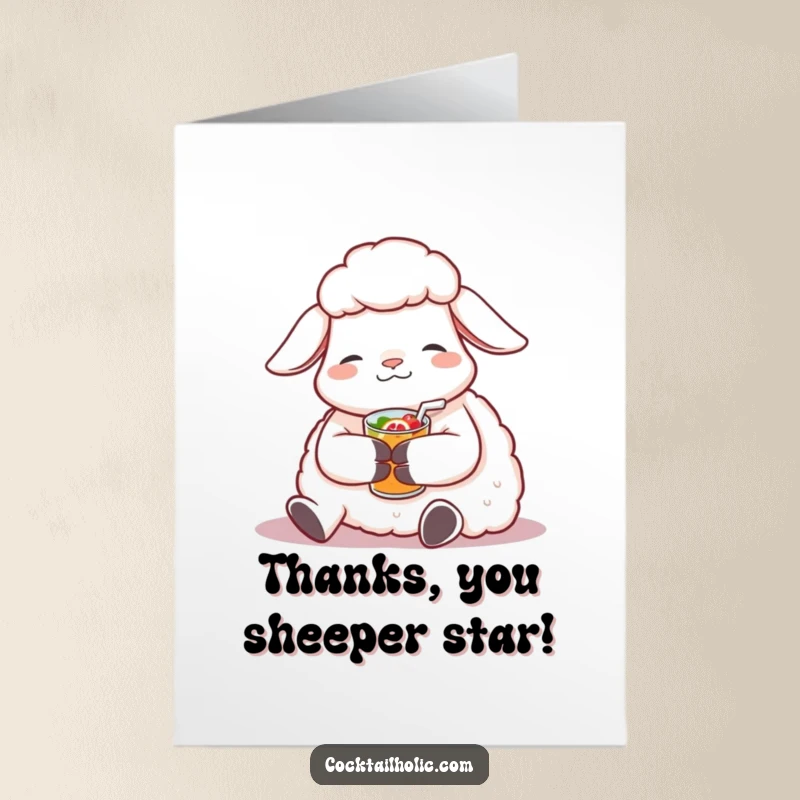 Funny Free Printable Thank You Card: Contented sheep relaxing with a small, fruity beverage, expressing gentle thanks.