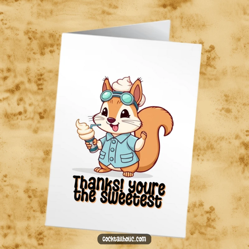 Funny Free Printable Thank You Card: A squirrel dressed as a mixologist playfully sprays whipped cream.