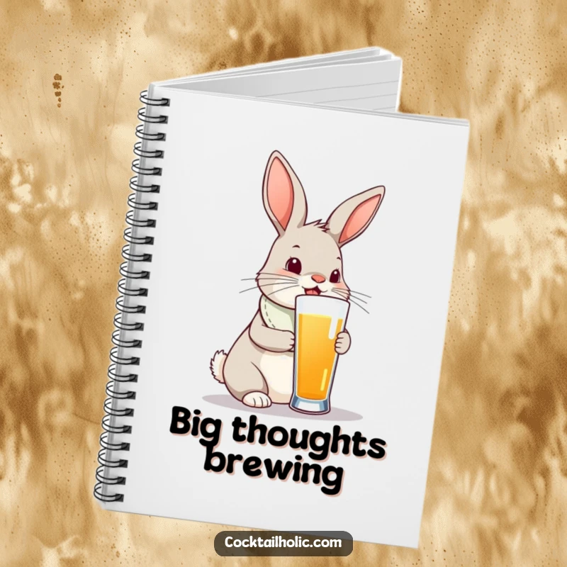Funny bunny rabbit wearing a bib, reaching for a ridiculously tall drink, on the cover of a notebook.