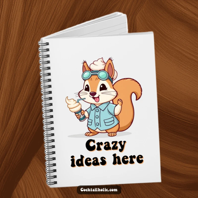 Funny bouncy squirrel dressed as a mixologist, spraying whipped cream from a can, on the cover of a notebook.