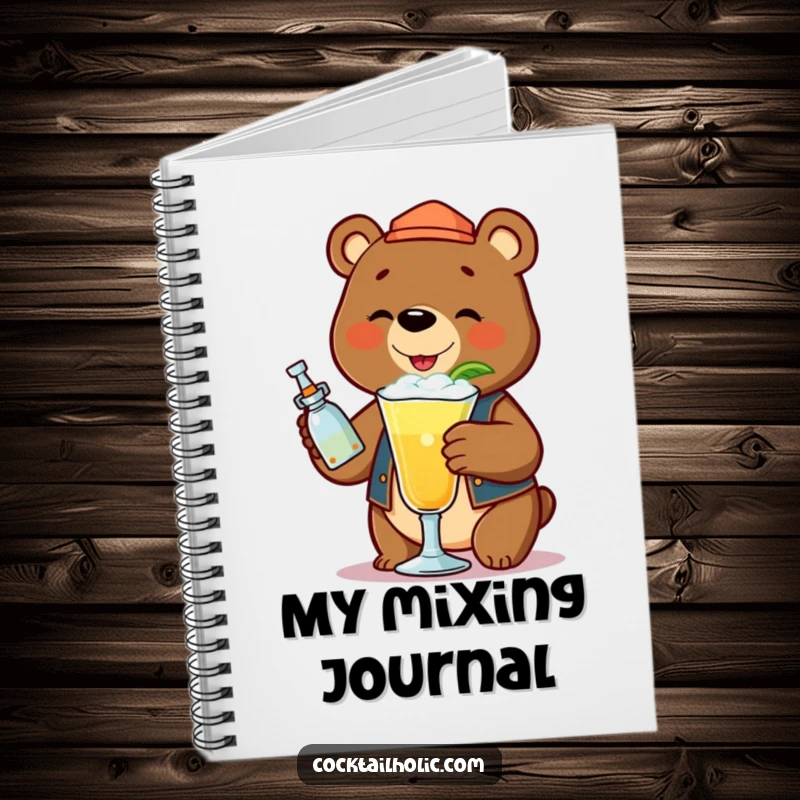 Funny bear bartender shaking a frothy cocktail, on the cover of a notebook.