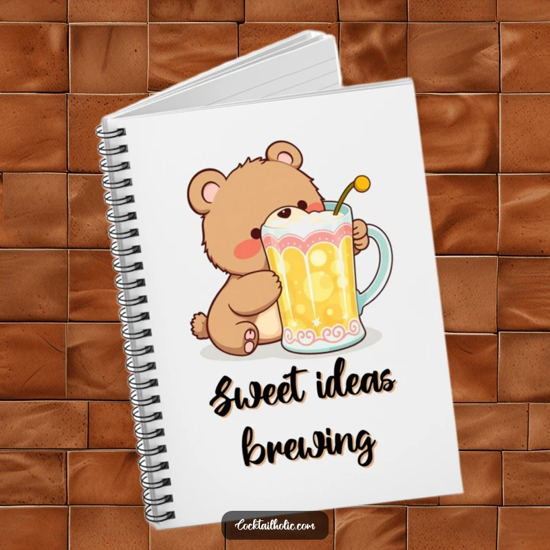 Funny Notebook with a cover depicting a giggling bear cub attempting to sneak a sip from a large, decorative cocktail mug, ready for notes.