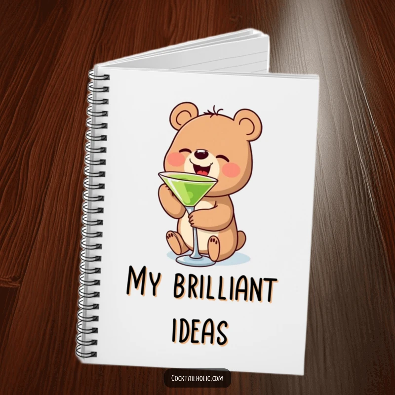 Funny bear martini notebook with a small bear character sipping a tiny martini, ideal for note-taking and doodling.