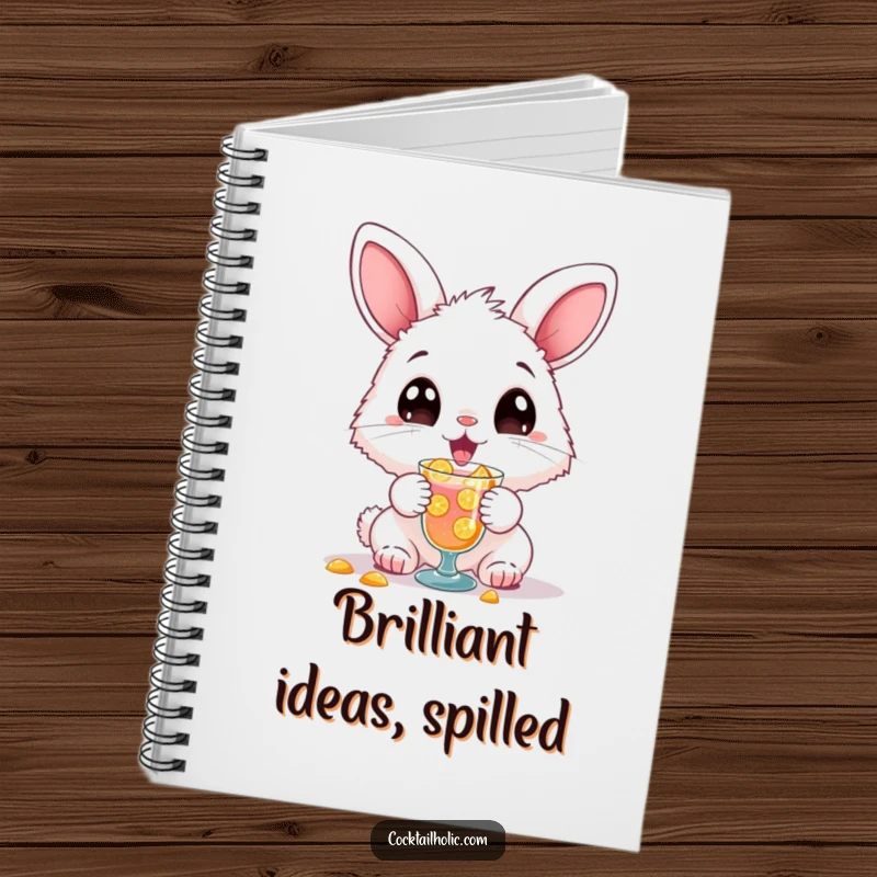 Funny notebook with a fluffy bunny spilling a drink, perfect for jotting down notes with humor.