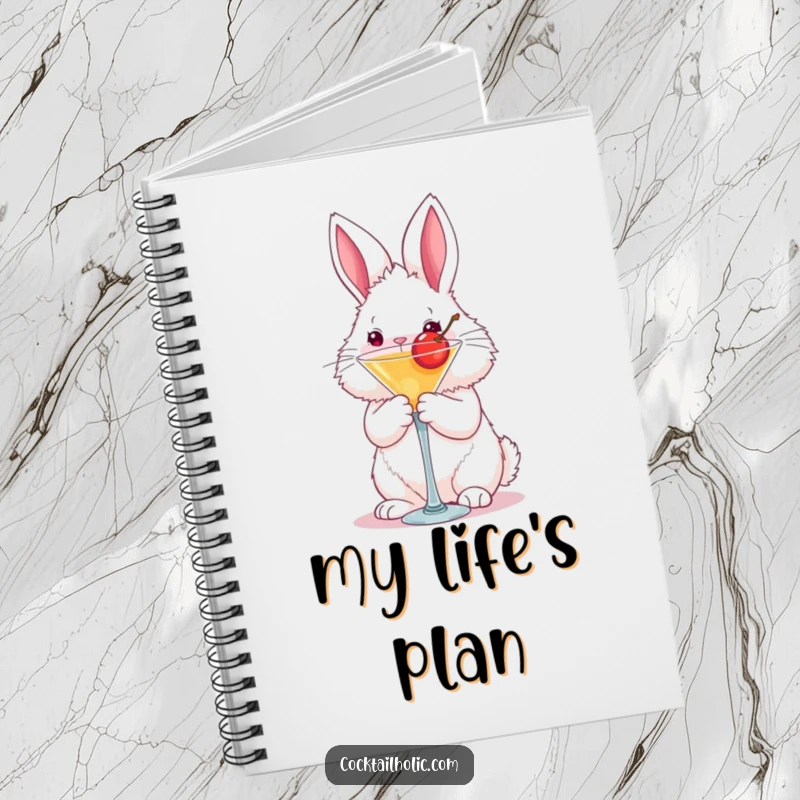 Funny fluffy bunny notebook cover holding a martini glass with a cherry, a humorous journal for notes.
