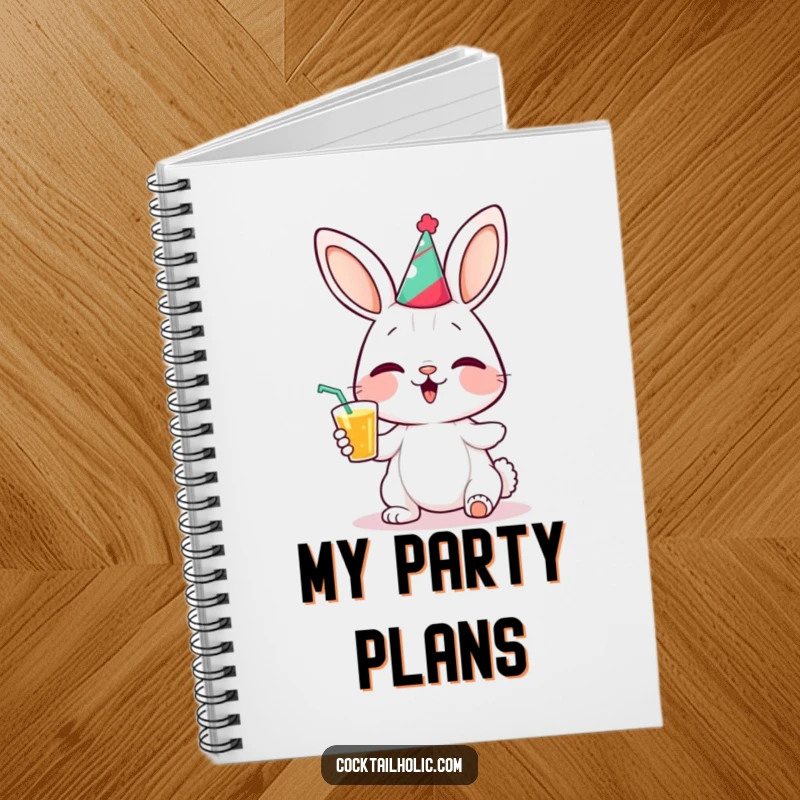 Funny bunny party notebook with a giggling bunny character wearing a tiny party hat and holding a drink, ideal for notes.