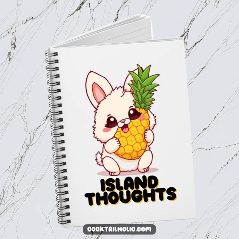Funny Notebook cover featuring a fluffy bunny with big excited eyes, holding a twirling pineapple, inspiring joyful and tropical note-taking.