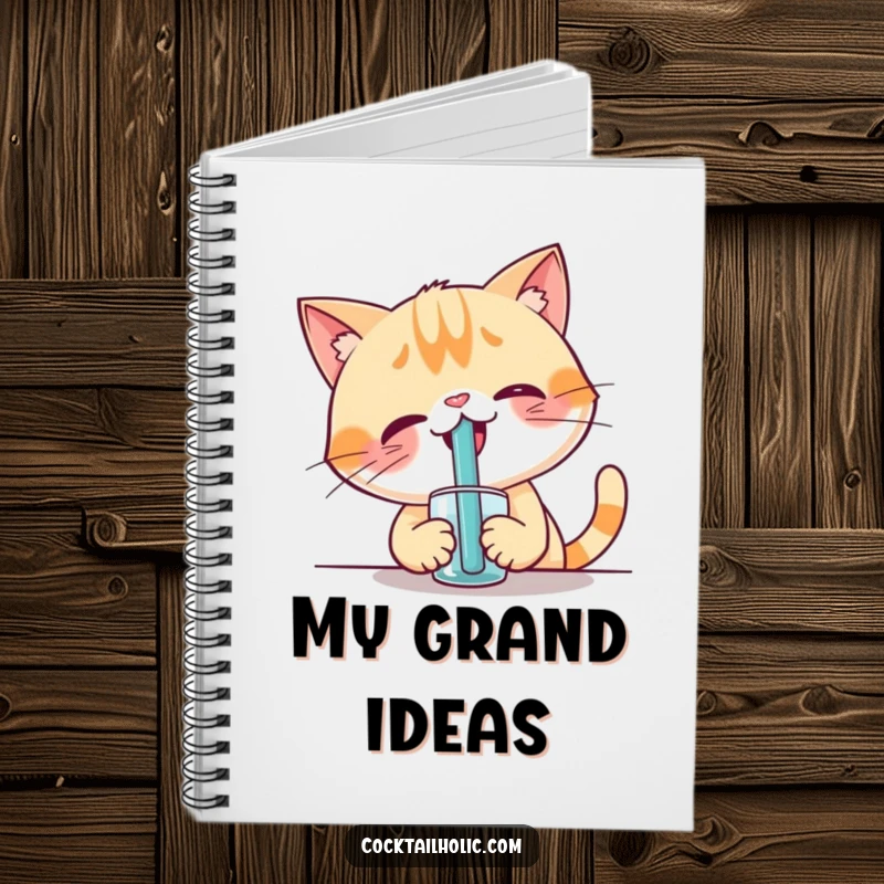 Funny notebook cover with a giggling cat trying to drink from a huge straw, encouraging creative writing.