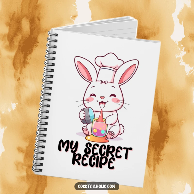 Funny notebook with a cheerful bunny chef spilling colorful liquid from a shaker, perfect for recipes and notes.