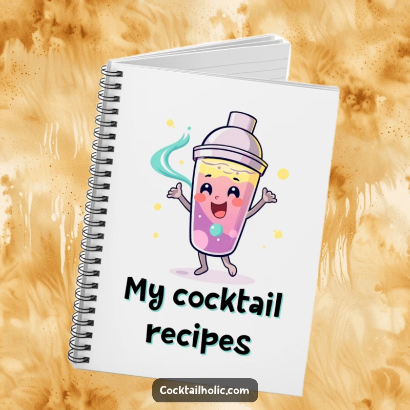 Funny playful cocktail shaker with a smiling face, dancing with swirling liquid on a notebook cover, perfect for recipes.