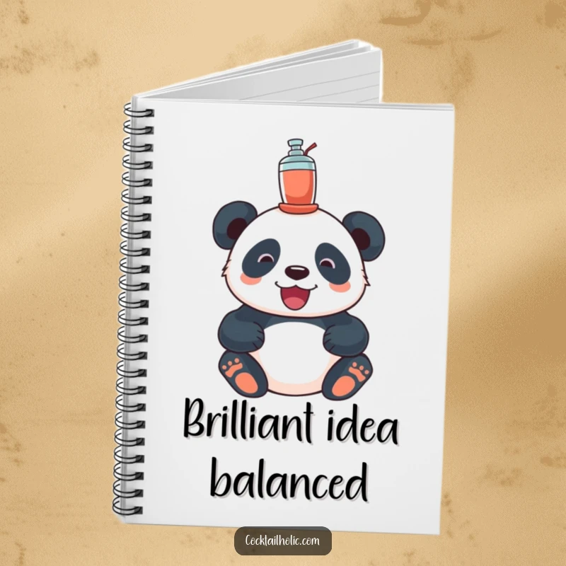 Funny panda notebook, with a delighted panda balancing a cocktail shaker, ideal for recording joyful thoughts.