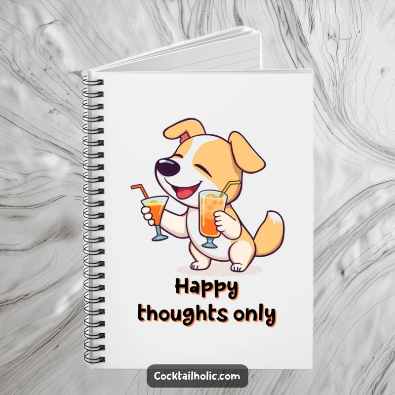 Funny Dog Notebook: Delighted dog wagging tail with a cocktail, perfect for jotting down happy and funny thoughts.