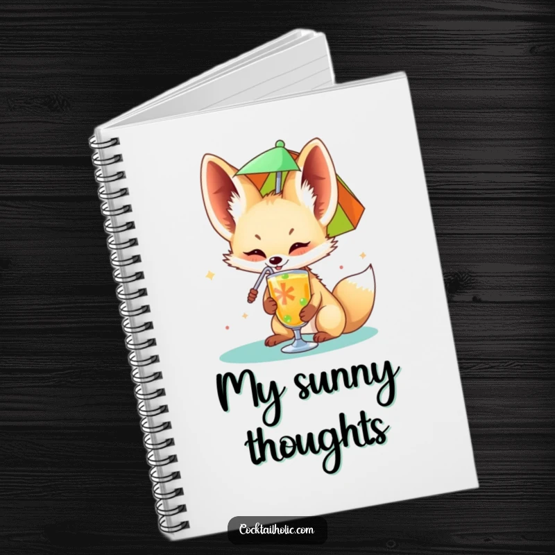 Funny fennec fox notebook cover happily sipping from a colorful drink umbrella, a humorous journal for notes.