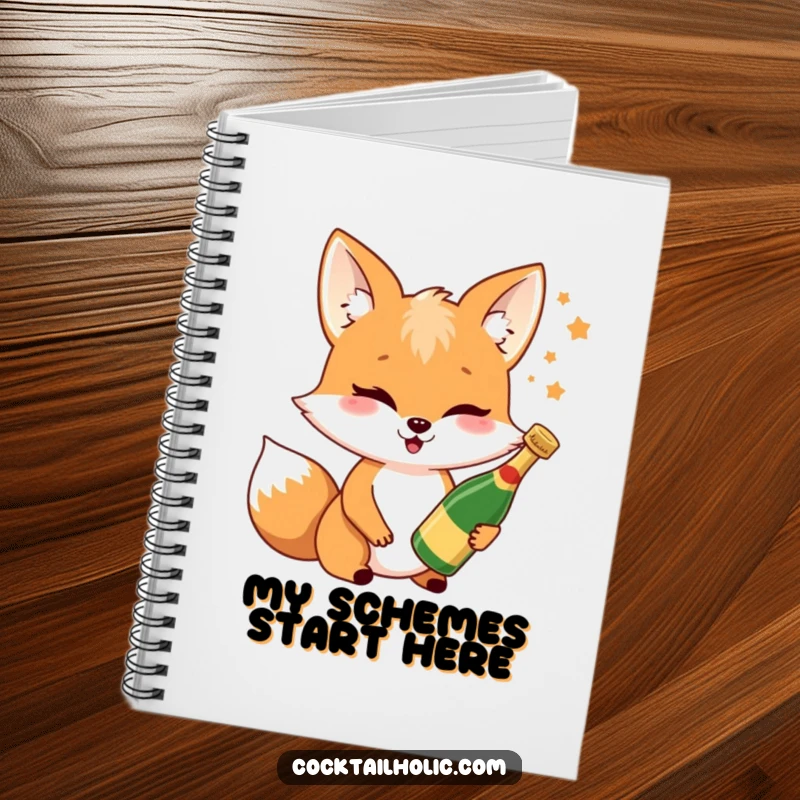 Funny fox Champagne notebook with a winking fox holding a miniature bottle, ideal for jotting down ideas and plans.