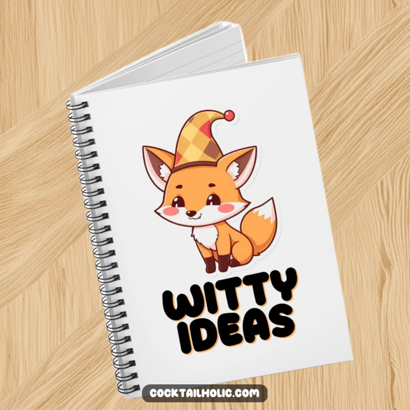 Funny Notebook cover featuring a cute fox wearing a jester hat and tipping it with a mischievous grin, inspiring witty note-taking.