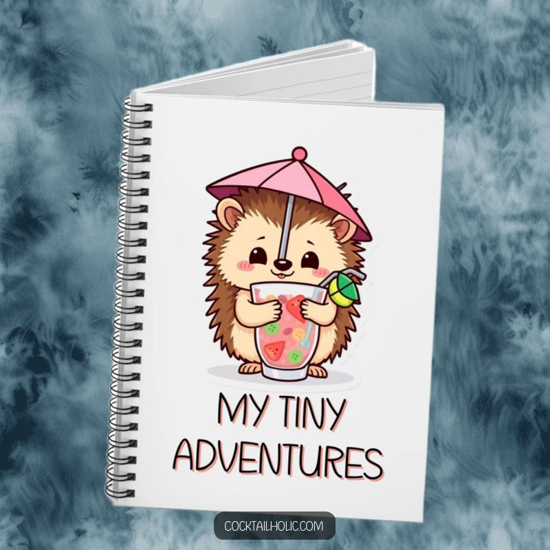 Funny Notebook with a cover depicting a cheerful hedgehog balancing a miniature umbrella inside a vibrant fruity drink, ready for notes.